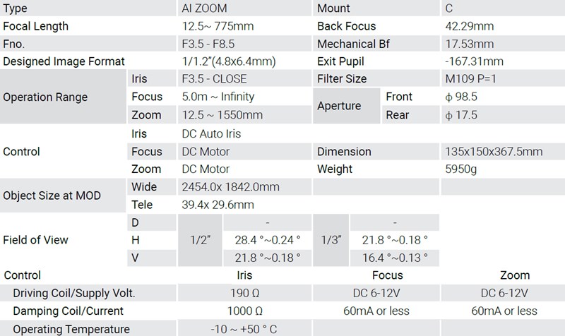 ADL12.5-775mm長焦鏡頭技術參數